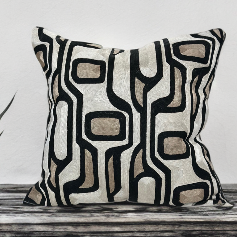 Black Velvet Pillow with Geometric Abstract Embroidery in Ivory, Bronze & Black - SEV004.