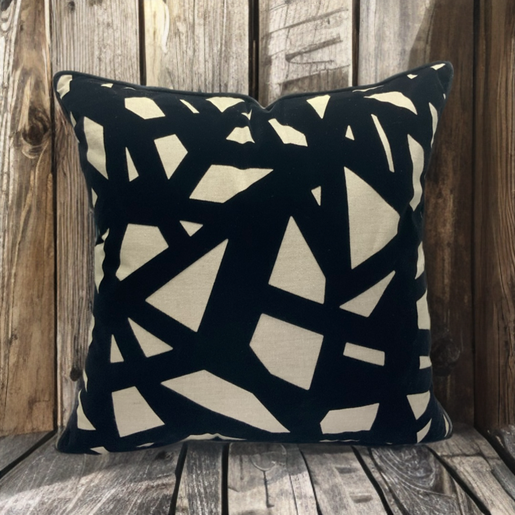 Black Velvet Geometric Accent Pillow on Sandy Beige Base - VIVA014.