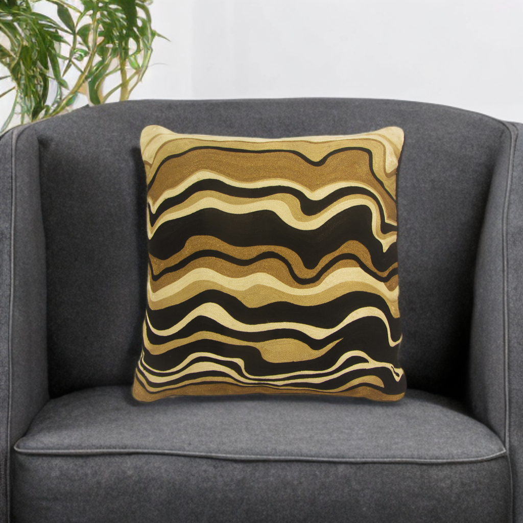 Black Velvet Throw Pillow with Bronze, Black, Beige & Ivory Abstract Embroidery - SEV005.