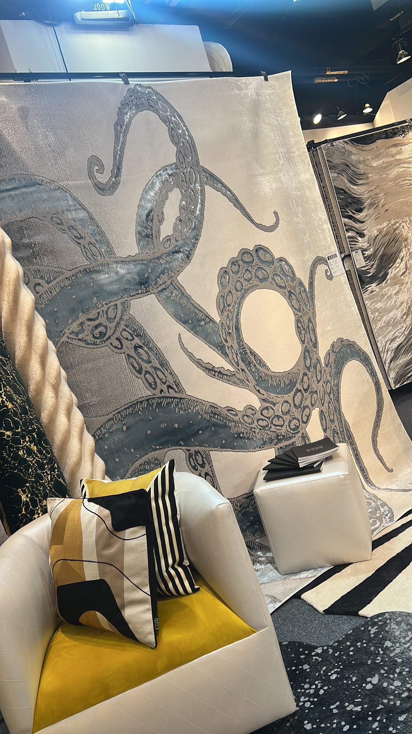 Soft-Touch Light Grey Rug Featuring Metallic Octopus/Tentacle Design in Sheer Black or Blue - Z339A (POL805)