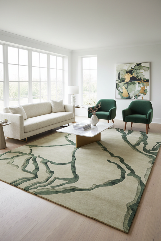 Modern living room with a green and beige rug, white sofa, and abstract painting.