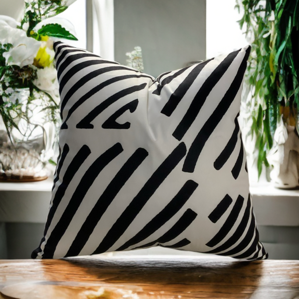 White Throw Pillow with Bold Black Velvet Geometric Design - VIVA019.