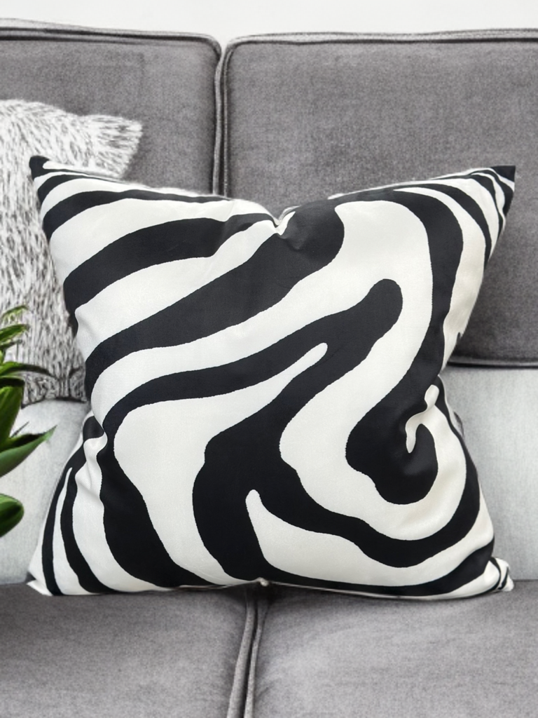 Modern Velvet Throw Pillow – White Abstract with Black Swirled Zebra Design - VIVA021.
