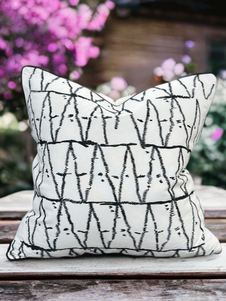 White Velvet Pillow with Black Embroidered Abstract and Thick Border - VIVA015.
