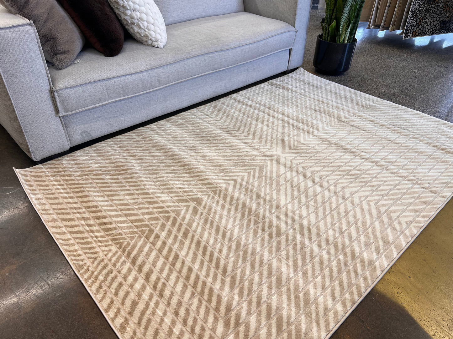 Mirage Geometrical Linear Rug in Sandy Beige with Warm Mocha Tone-on-Tone High-Low Detail - NUDE 25