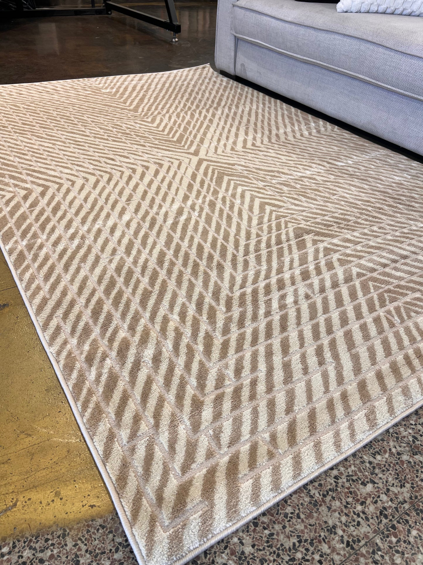 Mirage Geometrical Linear Rug in Sandy Beige with Warm Mocha Tone-on-Tone High-Low Detail - NUDE 25