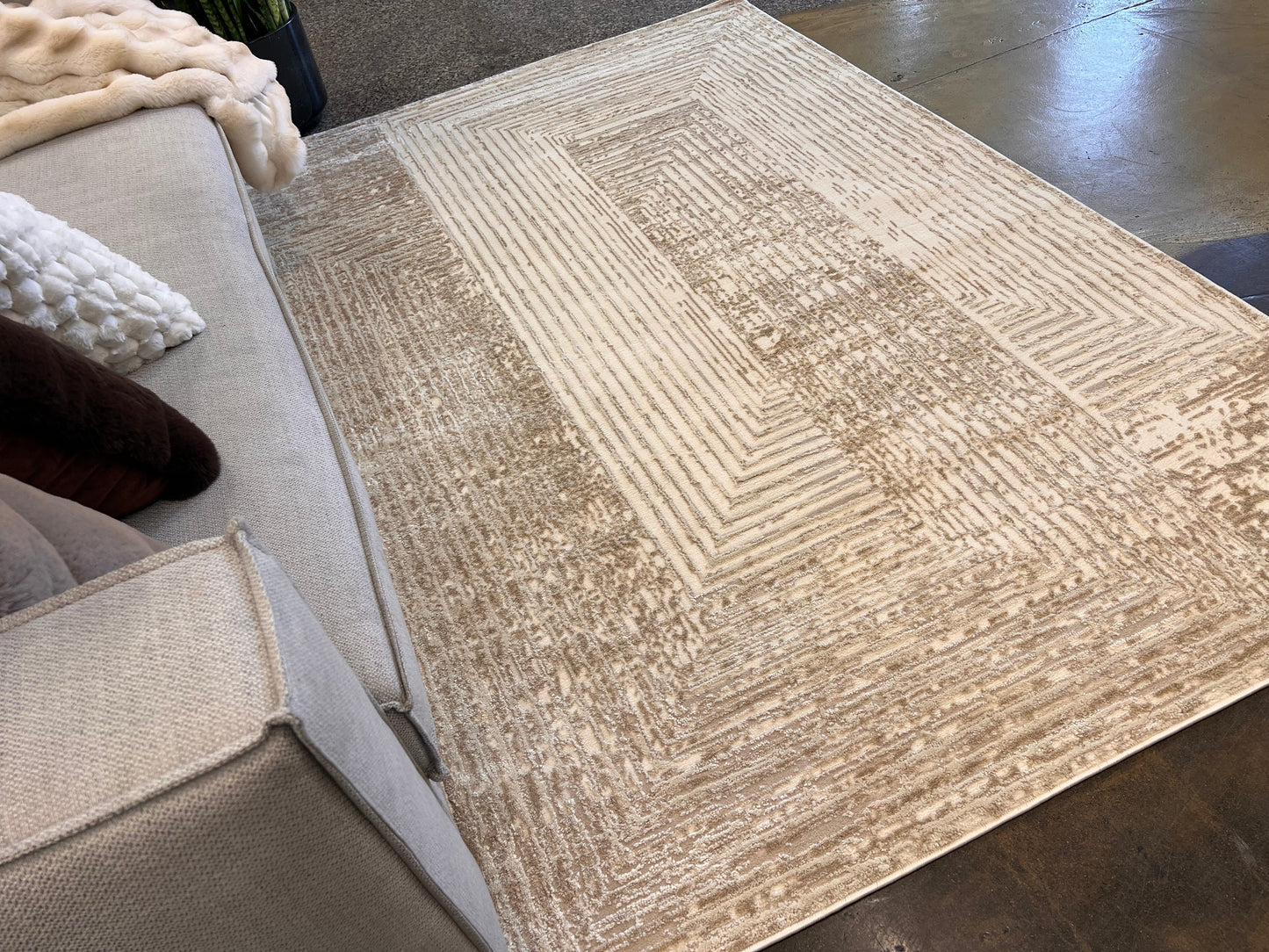 Geometric Linear Crème Beige Rug in Warm Mocha Tone-on-Tone High-Low Texture - NUDE 21
