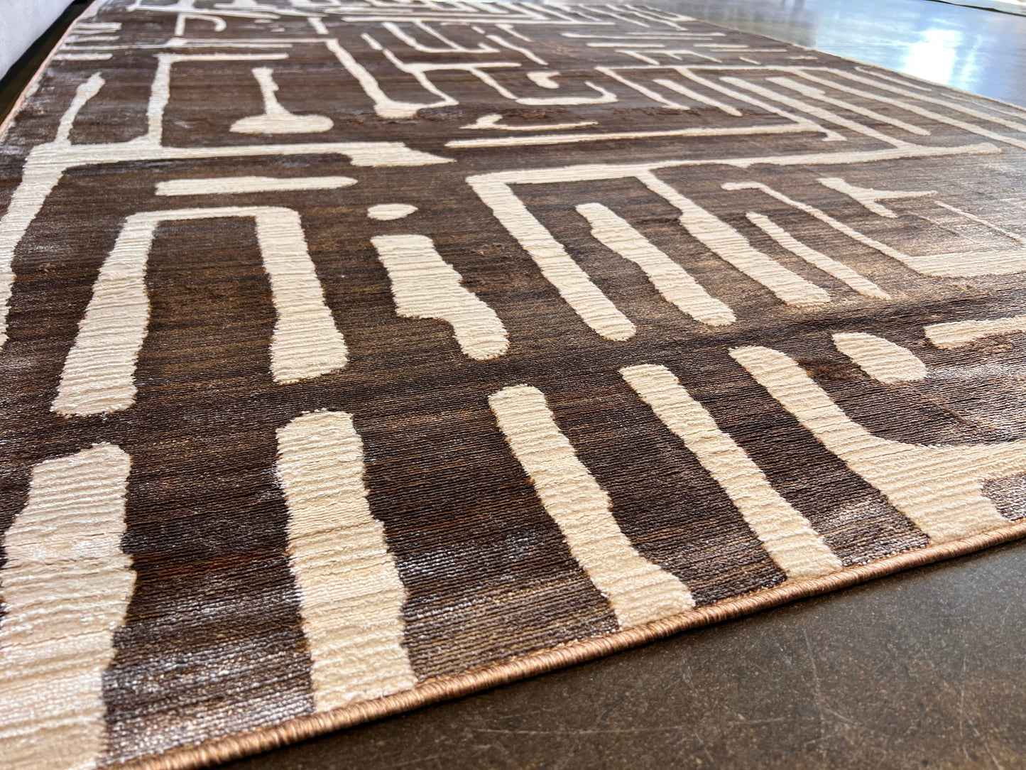 Cream Viscose Rug with Two-Tone Bronze Geometric Detailing - KAI 212