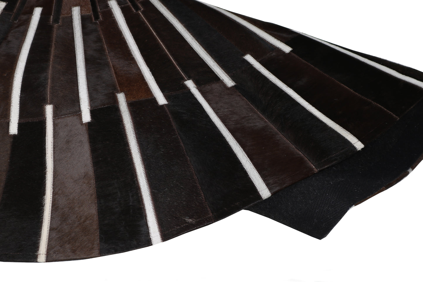 Geometric Round Cowhide Patchwork Rug – Black with Charcoal Stripes - Patchwork PCH216 Round