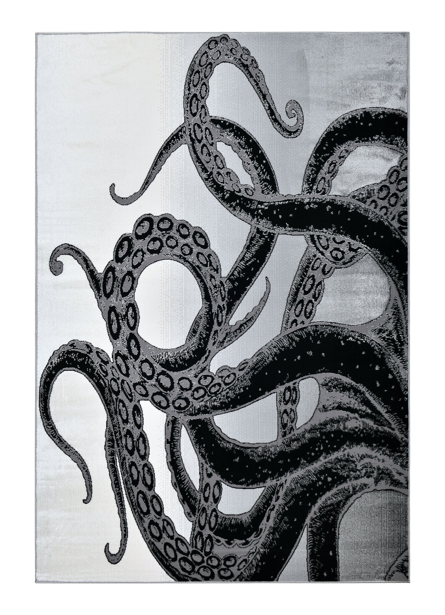 Soft-Touch Light Grey Rug Featuring Metallic Octopus/Tentacle Design in Sheer Black or Blue - Z339A (POL805)