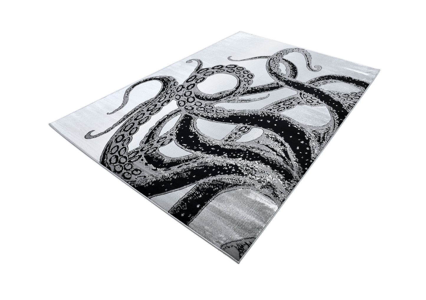 Soft-Touch Light Grey Rug Featuring Metallic Octopus/Tentacle Design in Sheer Black or Blue - Z339A (POL805)