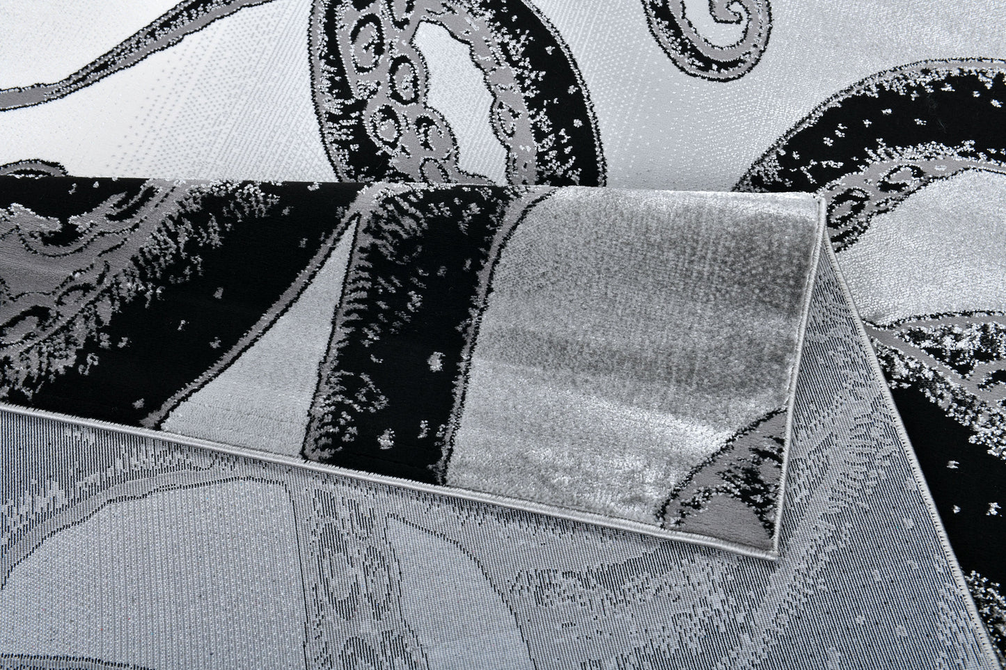 Soft-Touch Light Grey Rug Featuring Metallic Octopus/Tentacle Design in Sheer Black or Blue - Z339A (POL805)