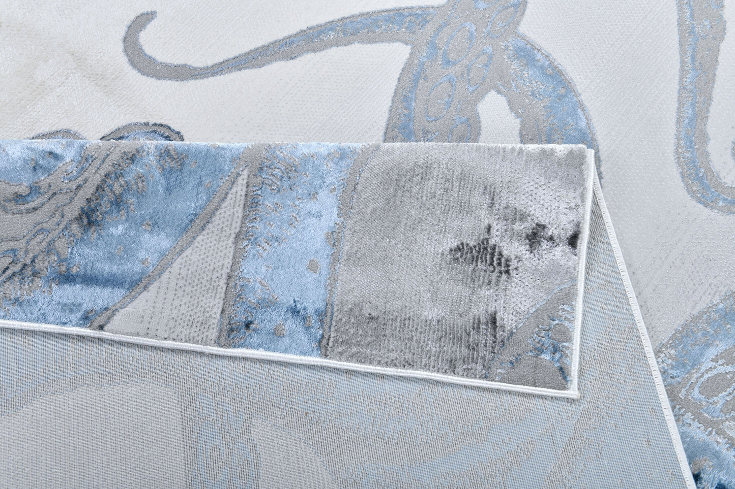 Soft-Touch Light Grey Rug Featuring Metallic Octopus/Tentacle Design in Sheer Black or Blue - Z339A (POL805)