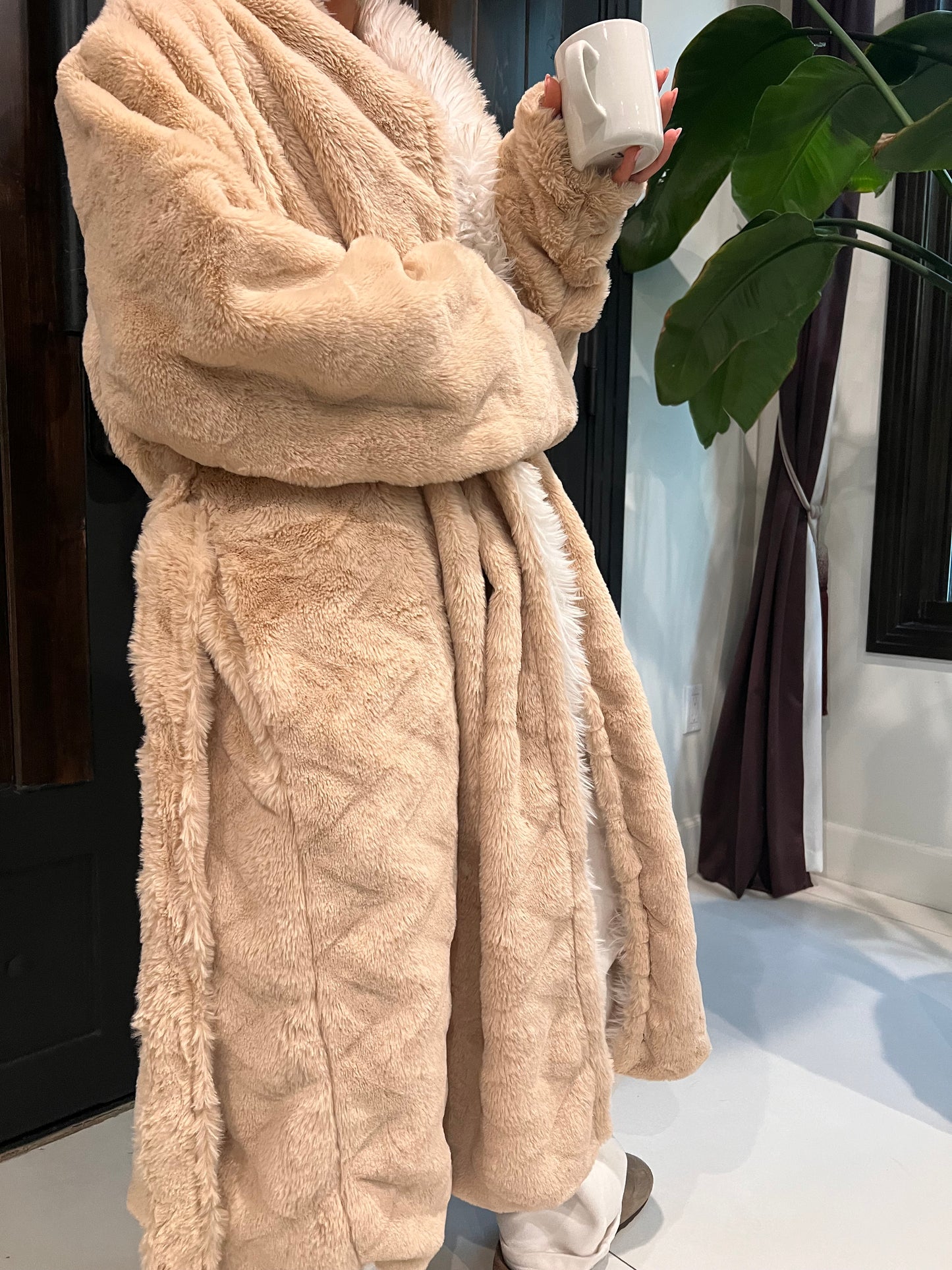 Stylish Sandy Beige Soft-Touch Robe with Two-Tone Ivory Velvet Interior – Perfect for Lounging or Luxe Outdoor Wear - REXA ROBE 6