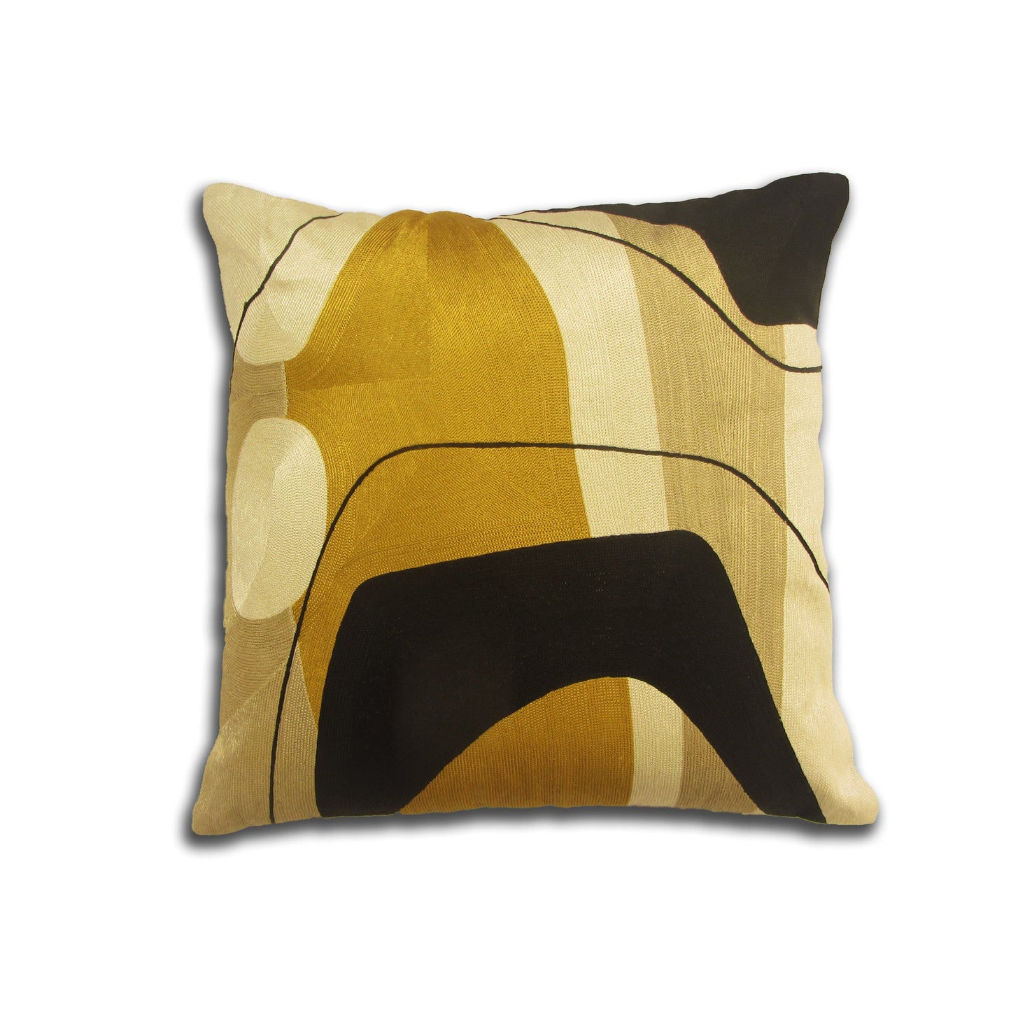 Black Velvet Throw Pillow with Bronze, Black, Beige, Ivory & Mustard Holographic Geometric Embroidery - SEV003.
