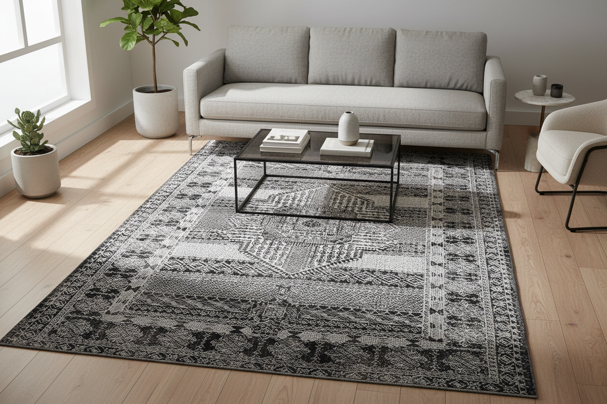 Chromatic Elegance flat weave area rug laid out in a bright, modern living room with a grey sofa, glass coffee table, and warm natural light