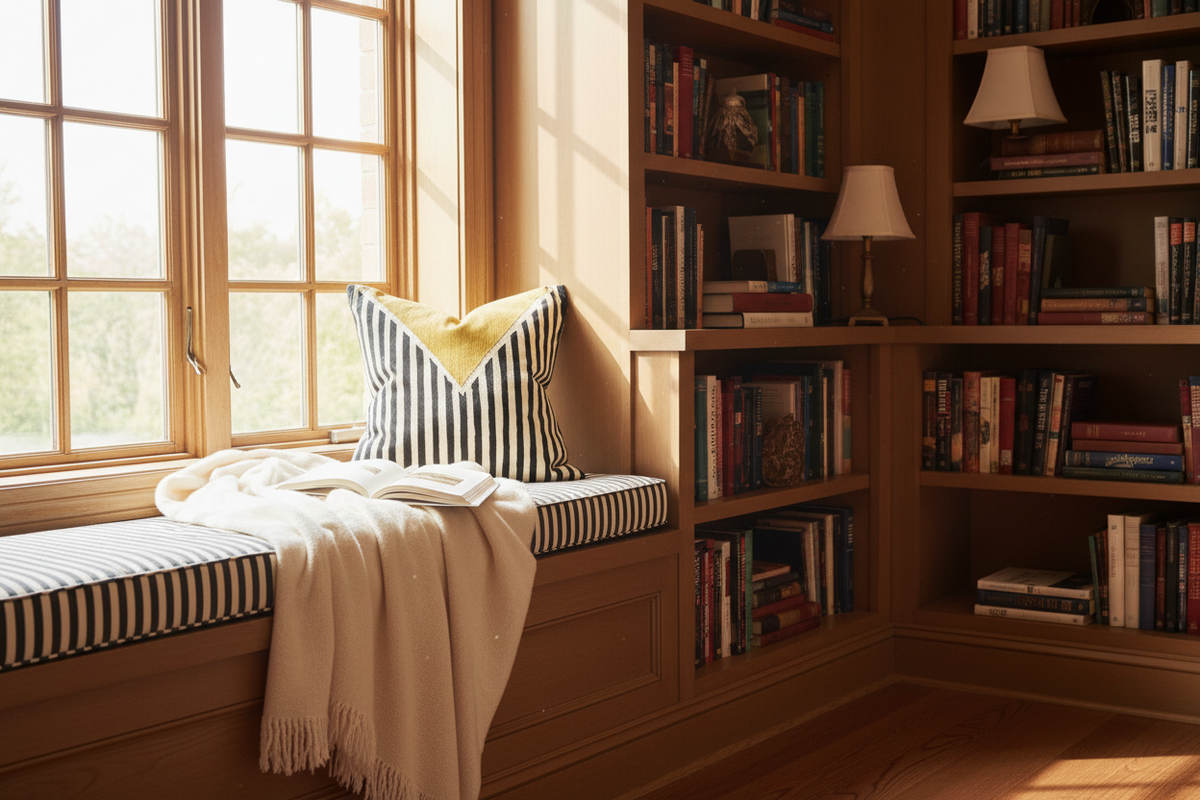 A cozy window seat with a striped cushion and cream throw blanket, set in a sunlit room with tall wooden bookshelves and books.