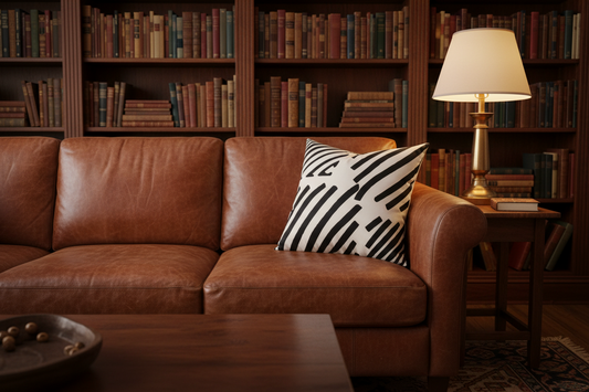 A brown leather sofa in a cozy library setting, featuring a black and white zebra-patterned throw pillow and a lit table lamp on a side table against a background of bookshelves.