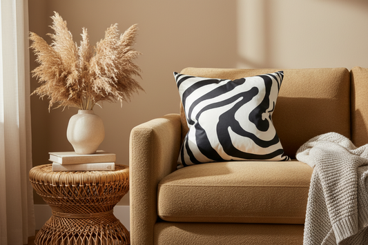 A square throw pillow with a black and white zebra print pattern, styled on a tan armchair next to a wicker side table with dried pampas grass in a ceramic vase.