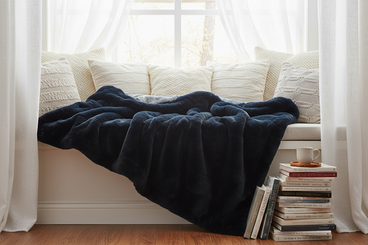 Navy blue blanket draped over a white sofa with books stacked nearby.