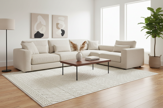 Soft White/ Cream Rug with Bohemian Motif and High-Low Texture - TIA 101.