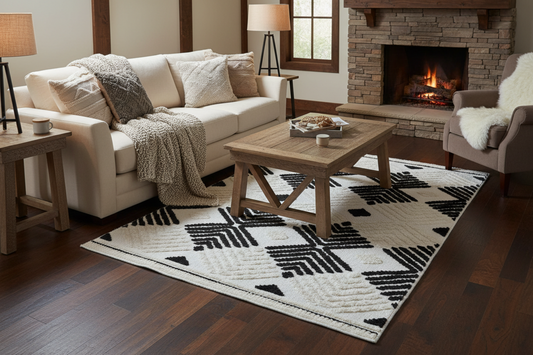 Soft Cream Rug with Beige Tones and Bohemian Black & Brown High-Low Motif - TIA 107.