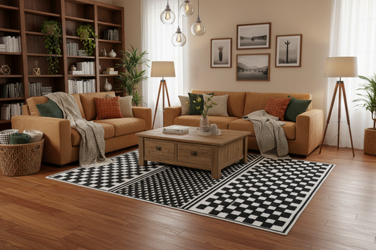Bohemian Cream Rug – Black Geometric Pattern with Raised High-Low Detail - TIA 108.