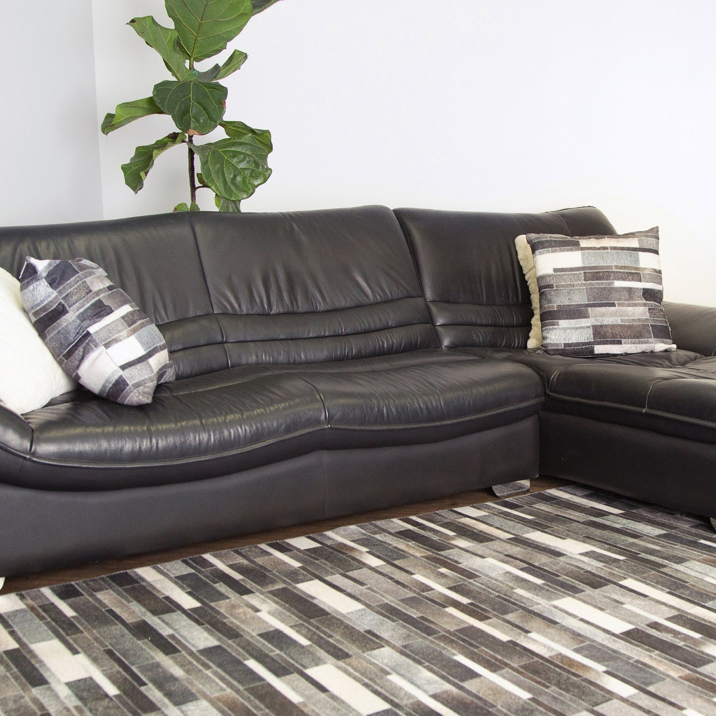 Vegan Patchwork Gray Black Brick Faux Hide/Cowhide Area Rug/Carpet