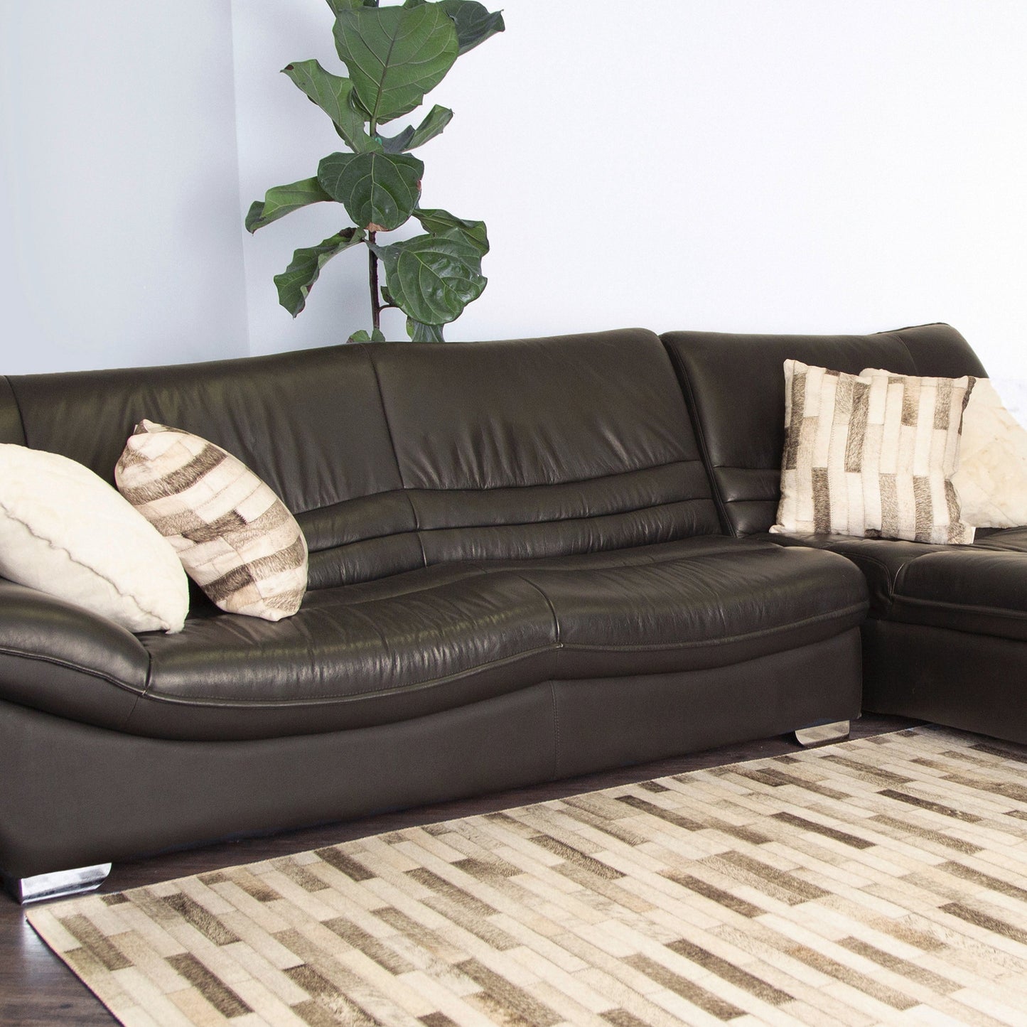 Vegan Patchwork Beige Brick Print Faux Hide/Cowhide Area Rug/Carpet