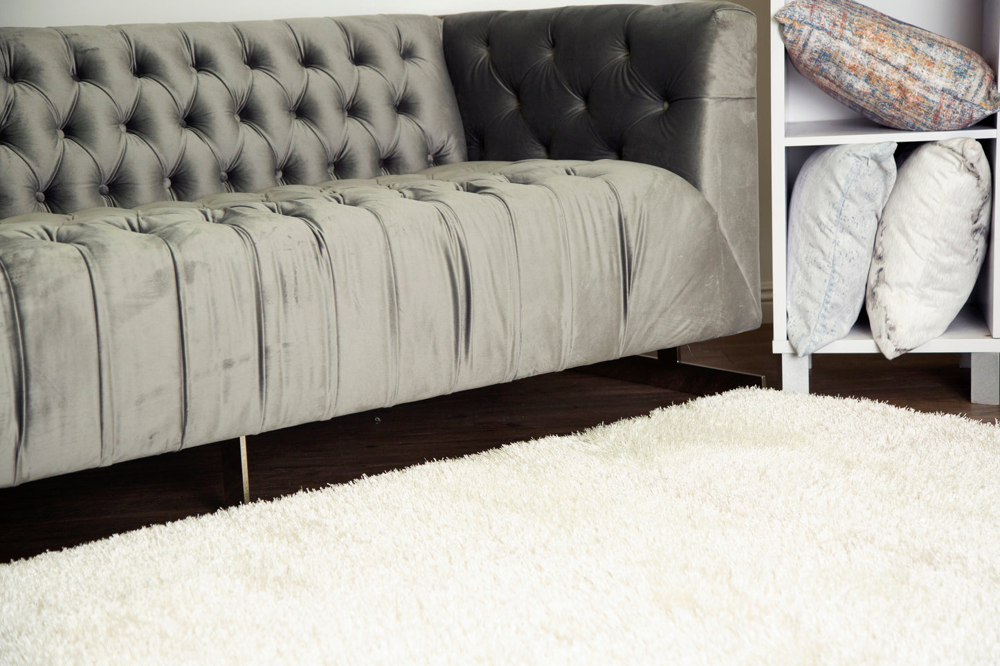 Off White Solid Shag Area Rug/Carpet - Crafted from 100% Polyester, Plush Fluffy Shine, Thick and Thin Yarns Design