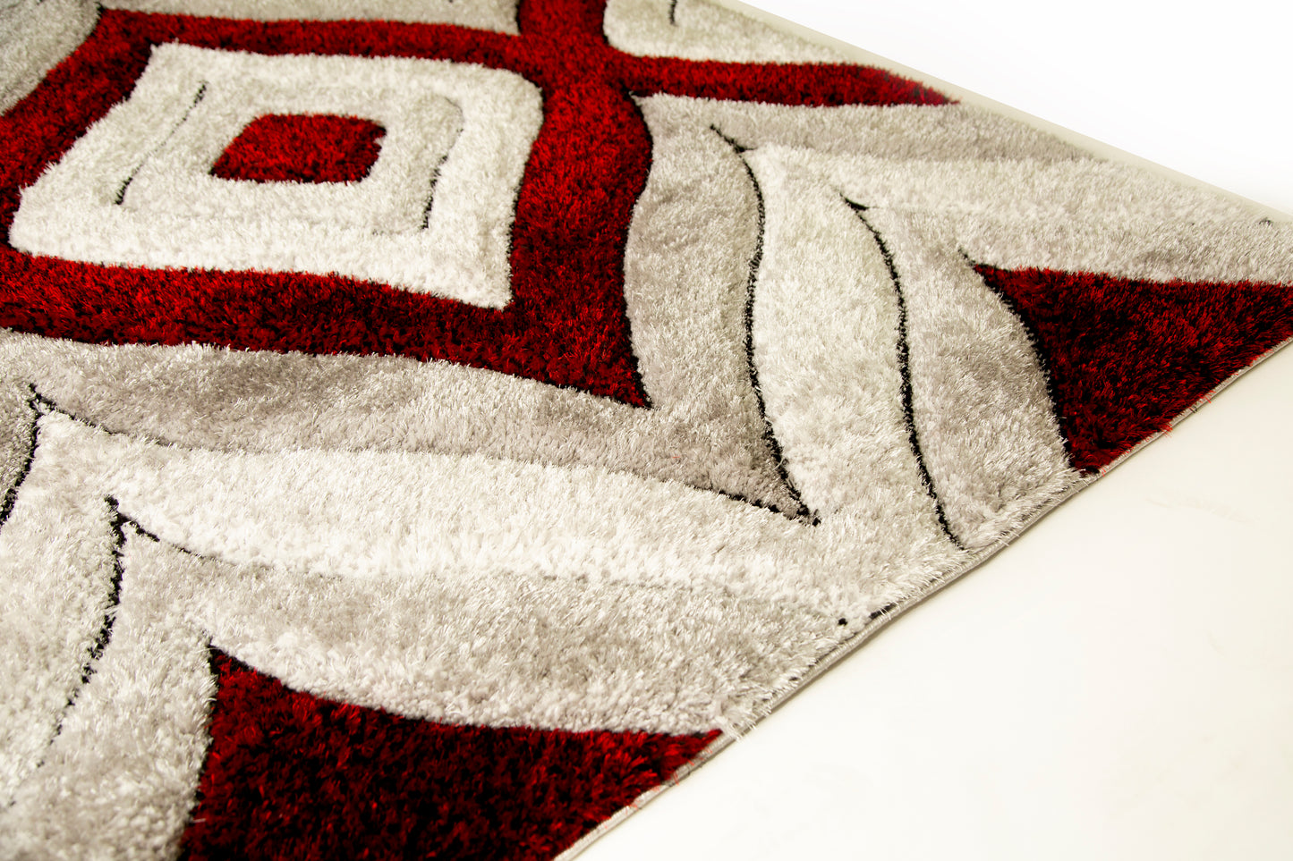 Plush Fluffy Shine 3D Geometric Dimond Shag Area Rug/Carpet Gray Silver Red