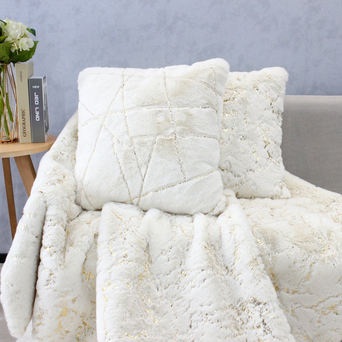 Golden Faux Fur Glow Fluffy Extra Soft Shimmery Foil Illuminating Effect Throw Pillow/Positioner -Metallica Pillow Collection