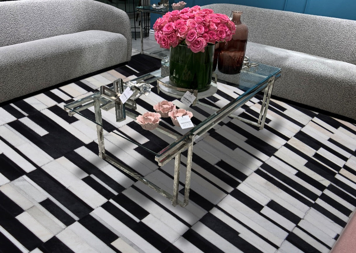 Handmade Black/White Patchwork Cowhide Area Rug
