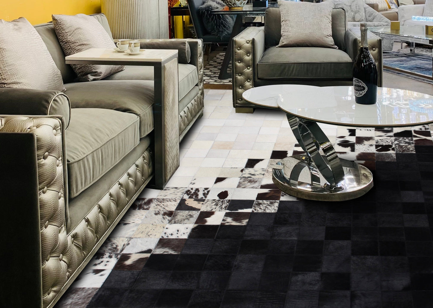 Handmade Black/White Checkers Patchwork Cowhide Area Rug PCH208