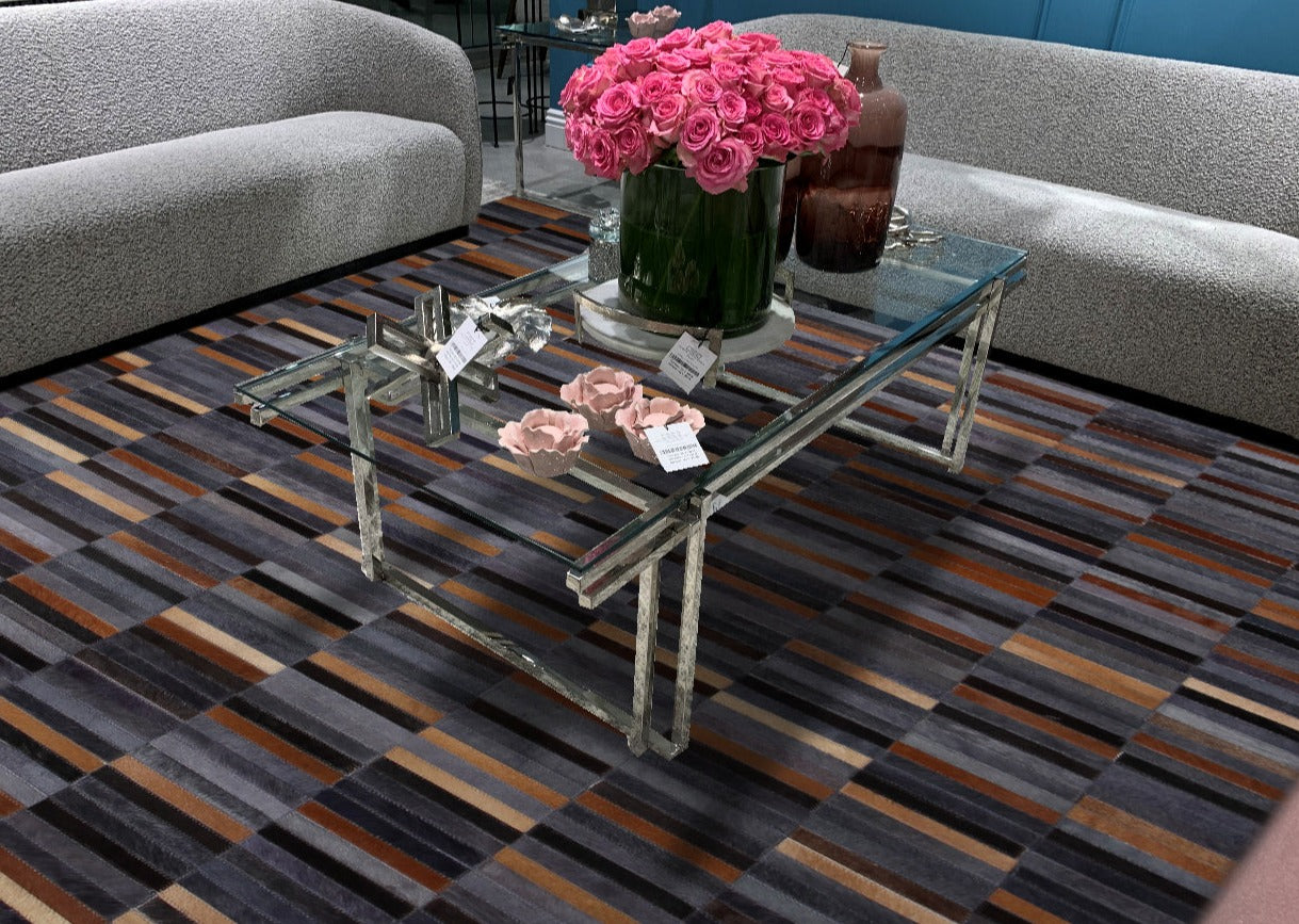 Handmade Brick Blue/Brown Design Patchwork Cowhide Area Rug PCH209