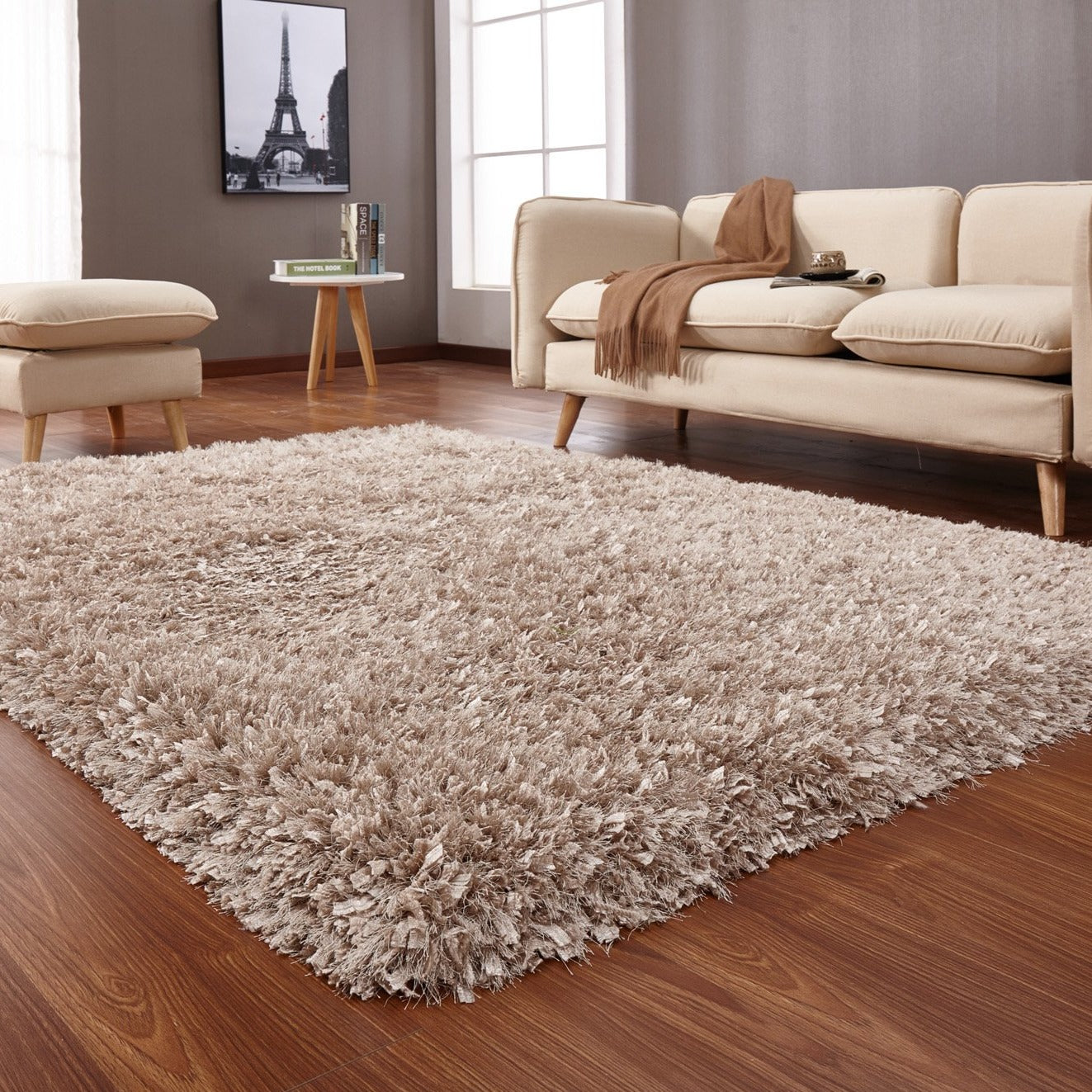 Crystal Shine Shag Plush Fluffy Ribbon Area Rug/ Carpet White