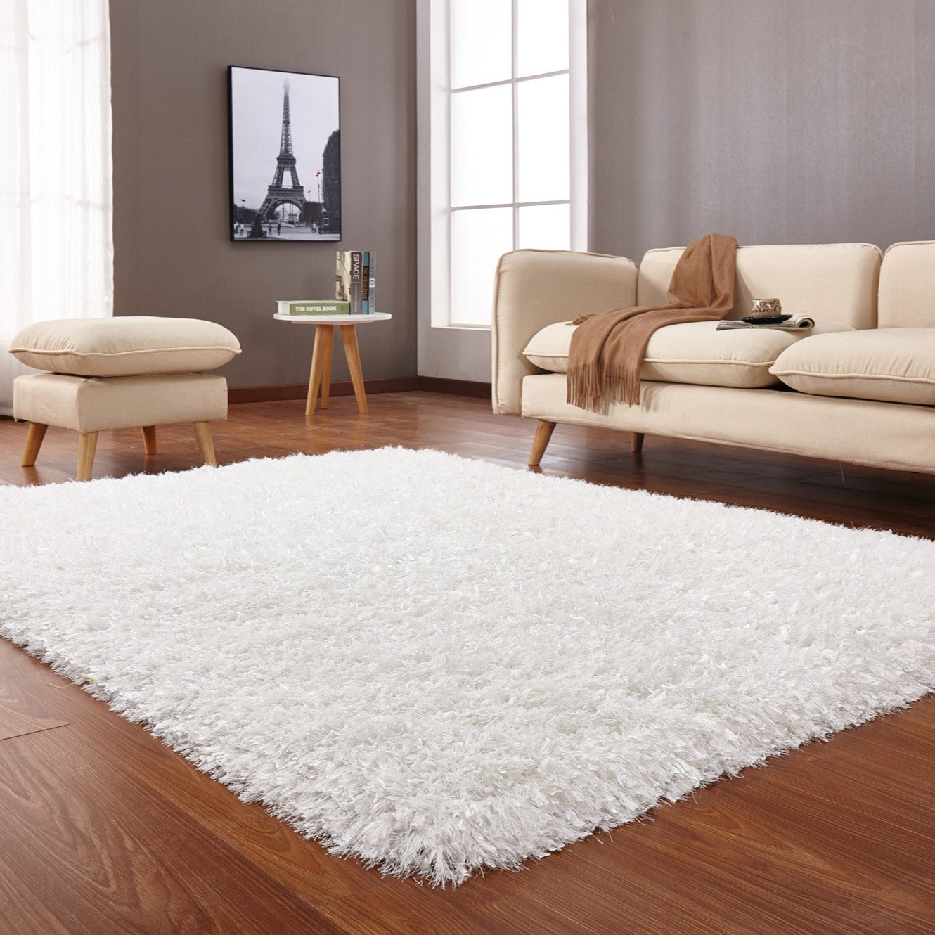 Crystal Shine Shag Plush Fluffy Ribbon Area Rug/ Carpet white