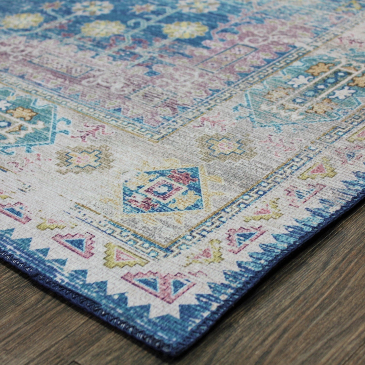 Blue Beige Vintage Faded Distressed Print Style Area Rug/ Carpet