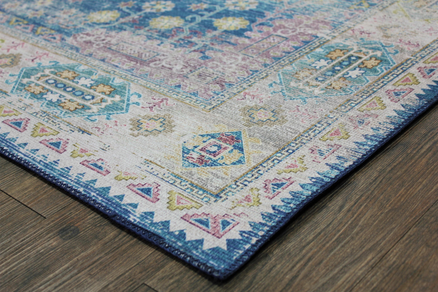 Blue Beige Vintage Faded Distressed Print Style Area Rug/ Carpet