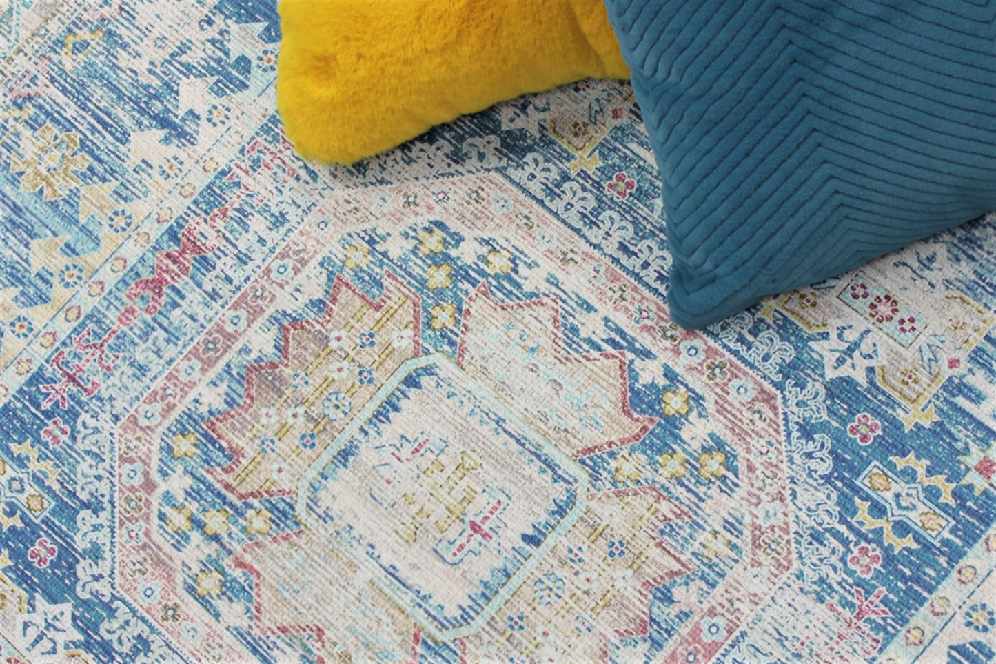 Blue Beige Vintage Faded Distressed Print Style Area Rug/ Carpet