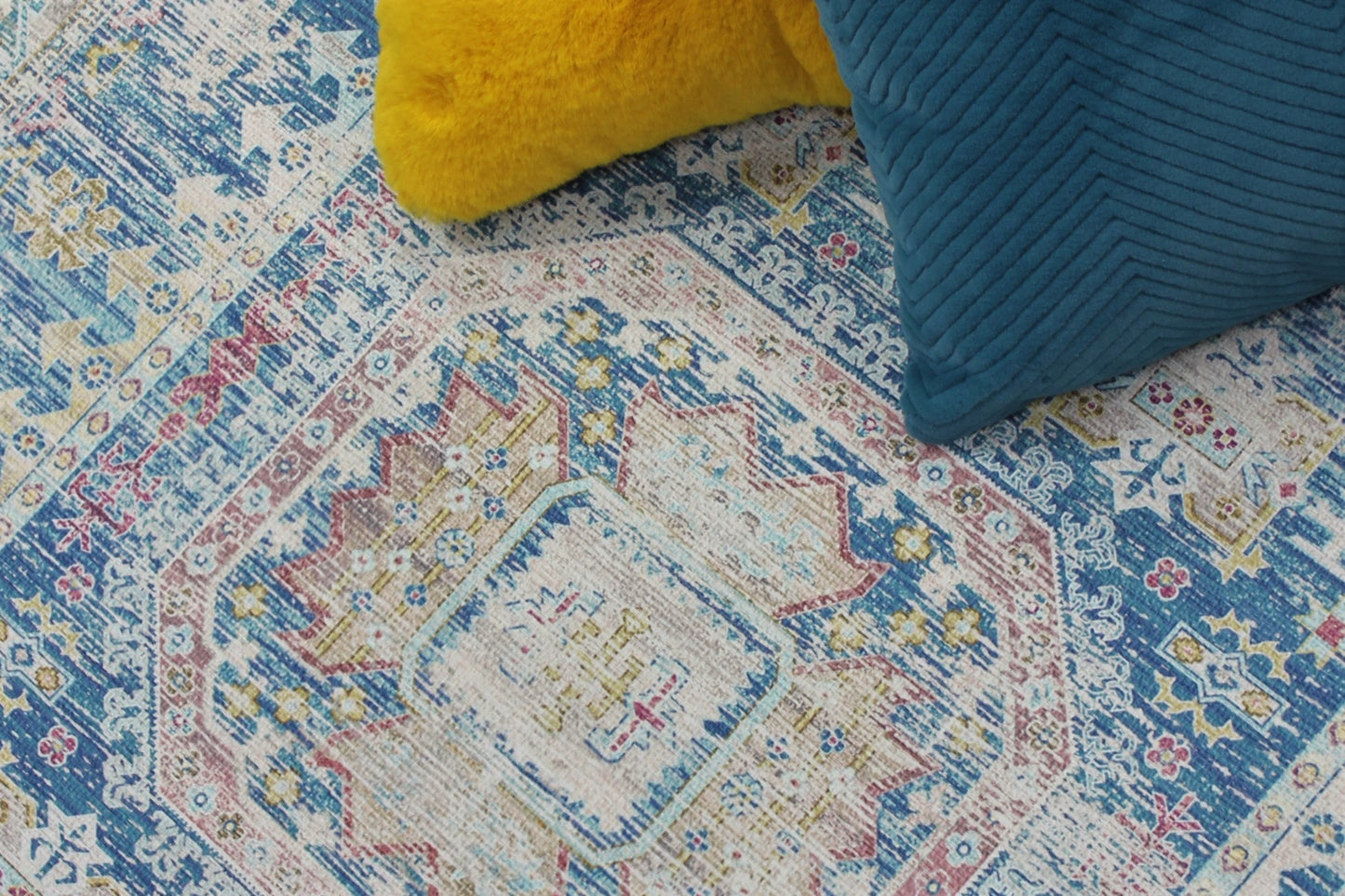 Blue Beige Vintage Faded Distressed Print Style Area Rug/ Carpet