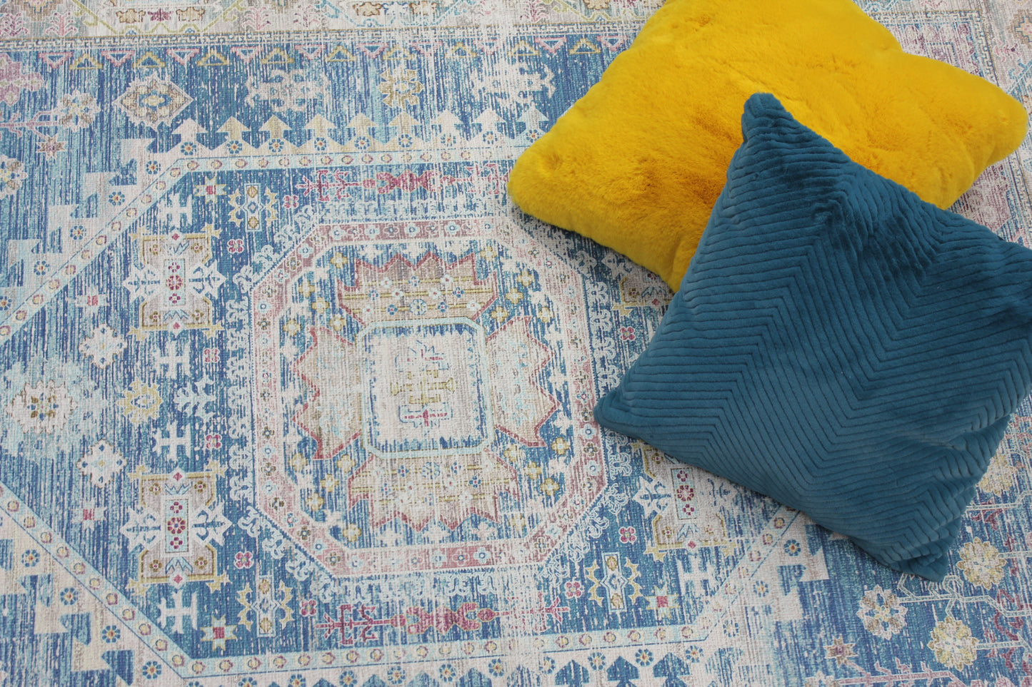 Blue Beige Vintage Faded Distressed Print Style Area Rug/ Carpet