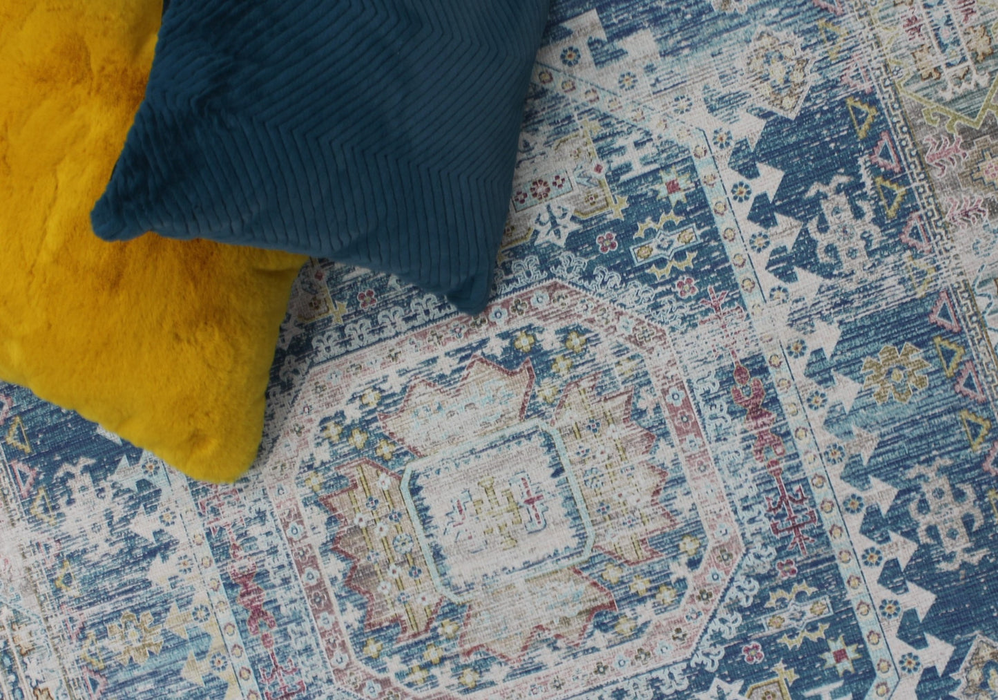 Blue Beige Vintage Faded Distressed Print Style Area Rug/ Carpet