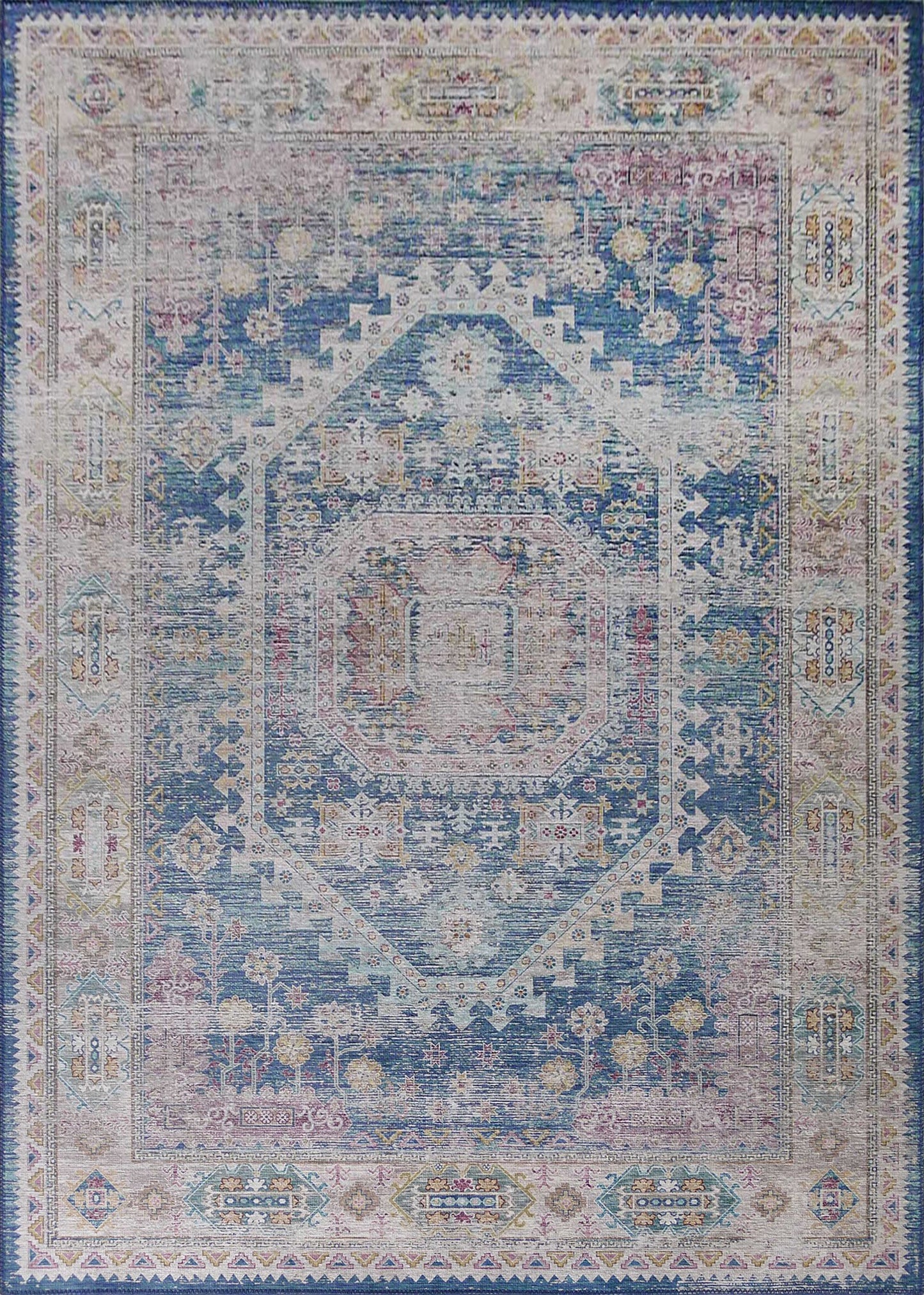 Blue Beige Vintage Faded Distressed Print Style Area Rug/ Carpet