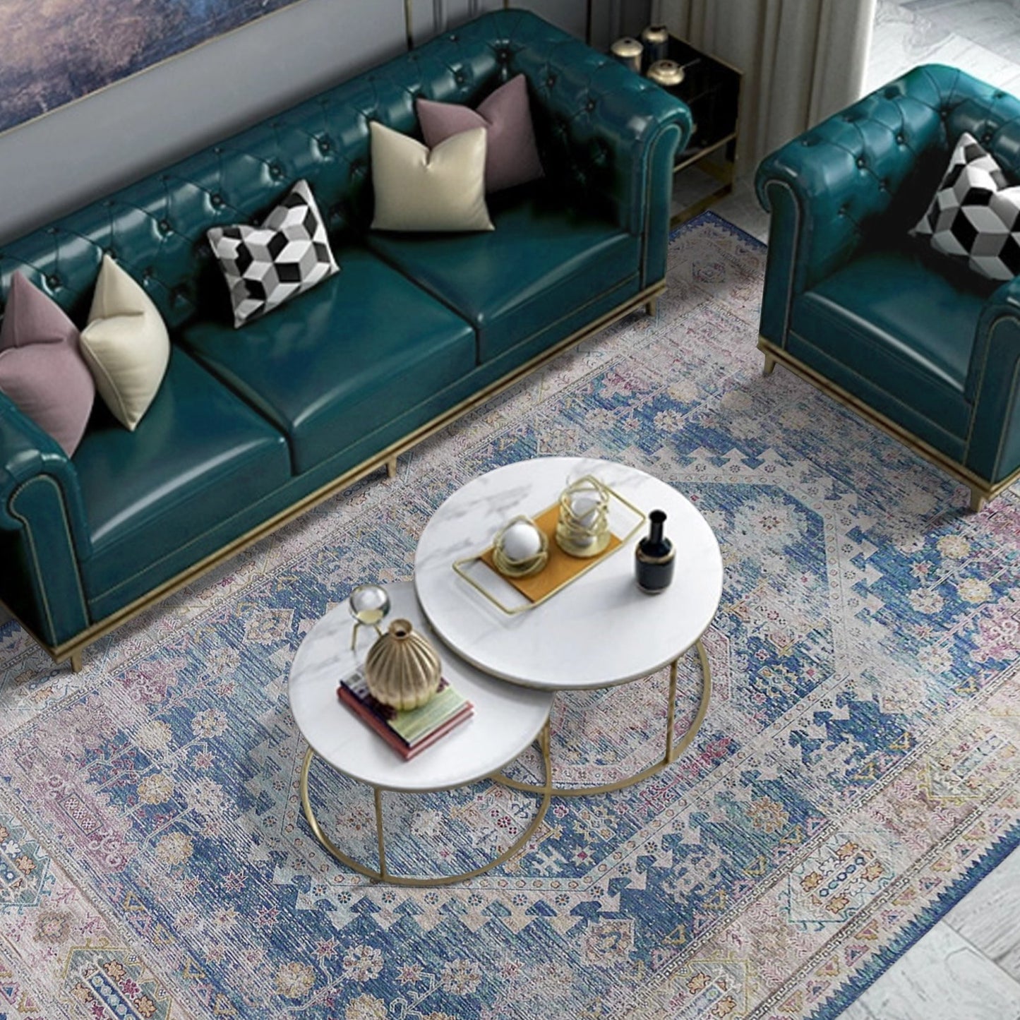 Blue Beige Vintage Faded Distressed Print Style Area Rug/ Carpet