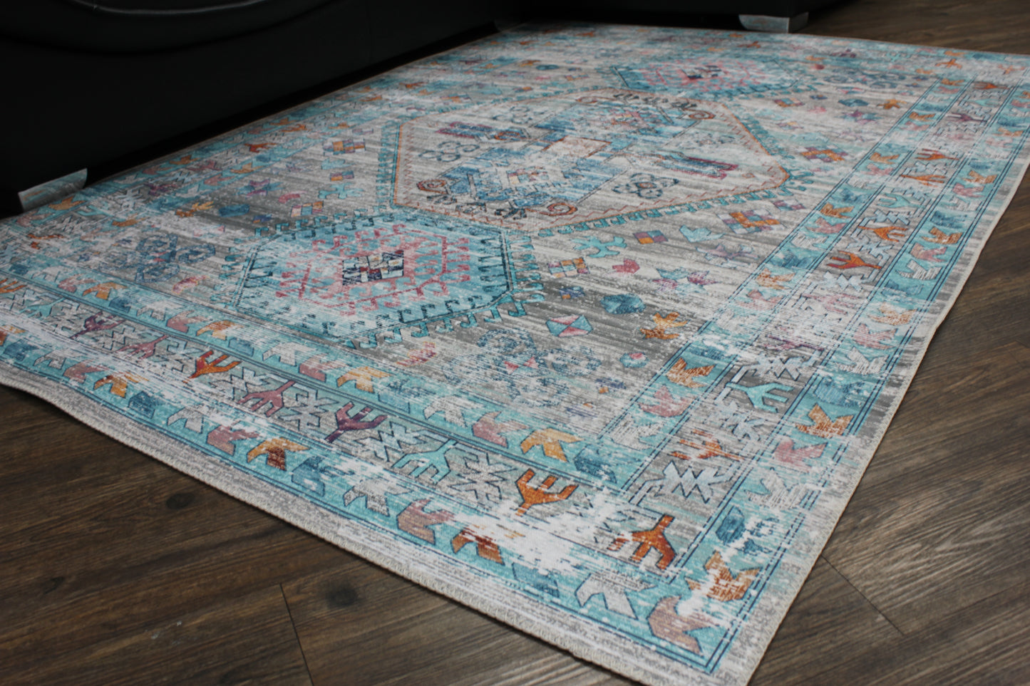 Beige Blue Orange Tones Vintage Faded Print Style Area Rug/ Carpet