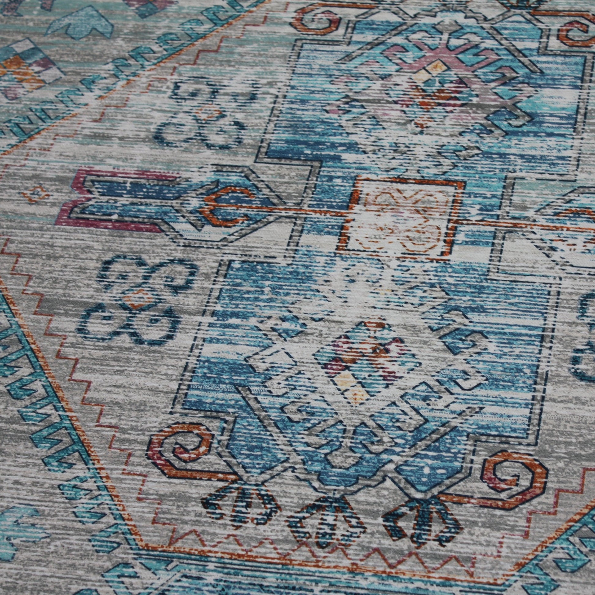 Beige Blue Orange Tones Vintage Faded Print Style Area Rug/ Carpet