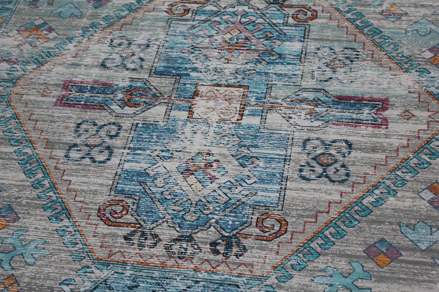 Beige Blue Orange Tones Vintage Faded Print Style Area Rug/ Carpet