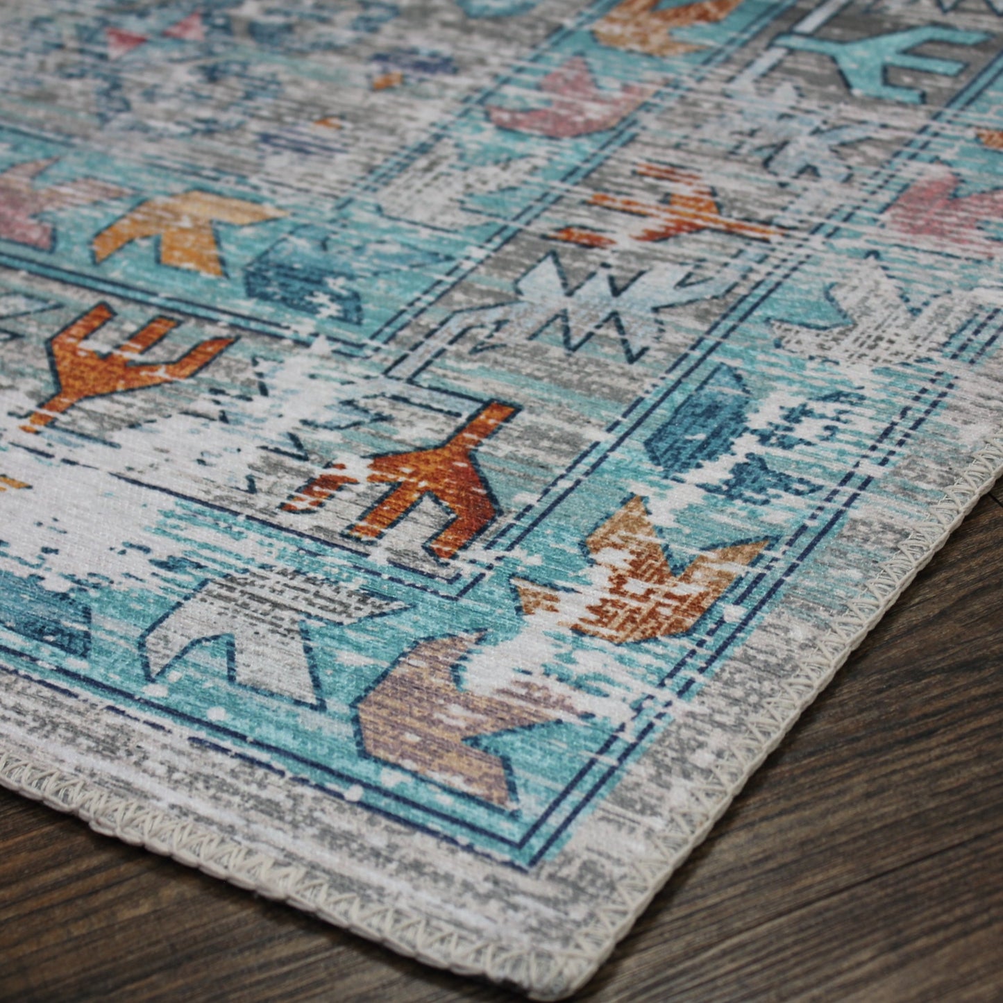 Beige Blue Orange Tones Vintage Faded Print Style Area Rug/ Carpet