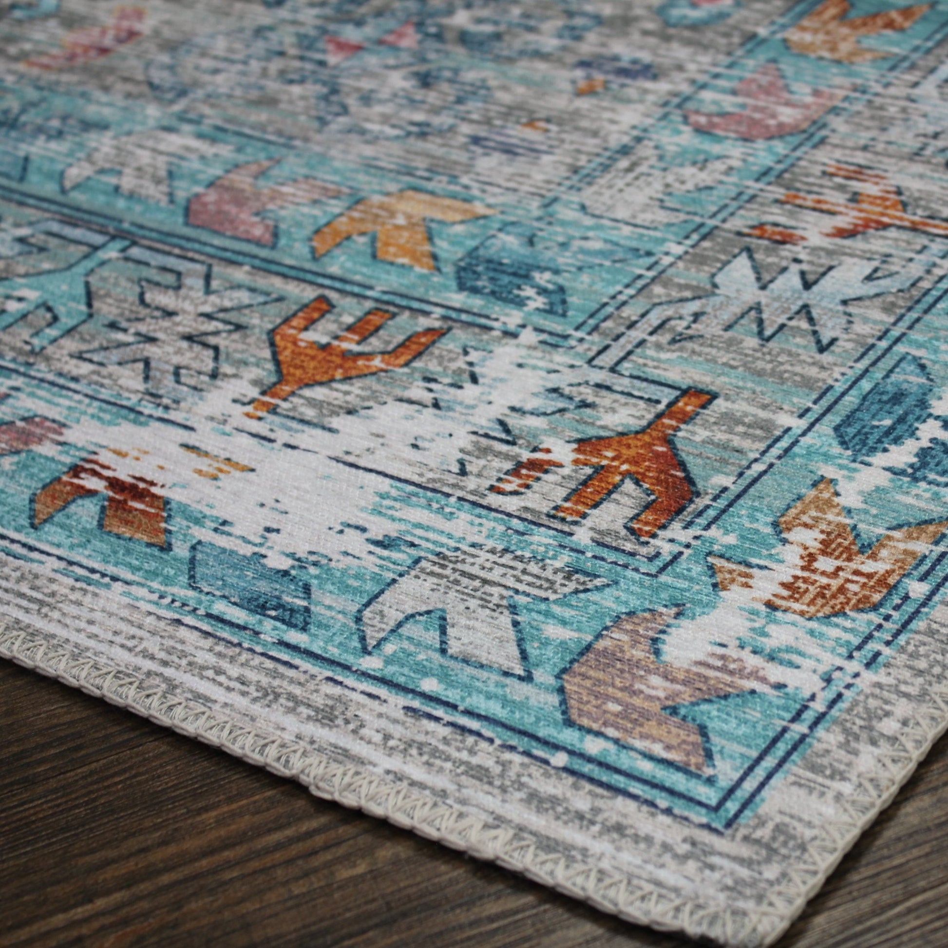 Beige Blue Orange Tones Vintage Faded Print Style Area Rug/ Carpet